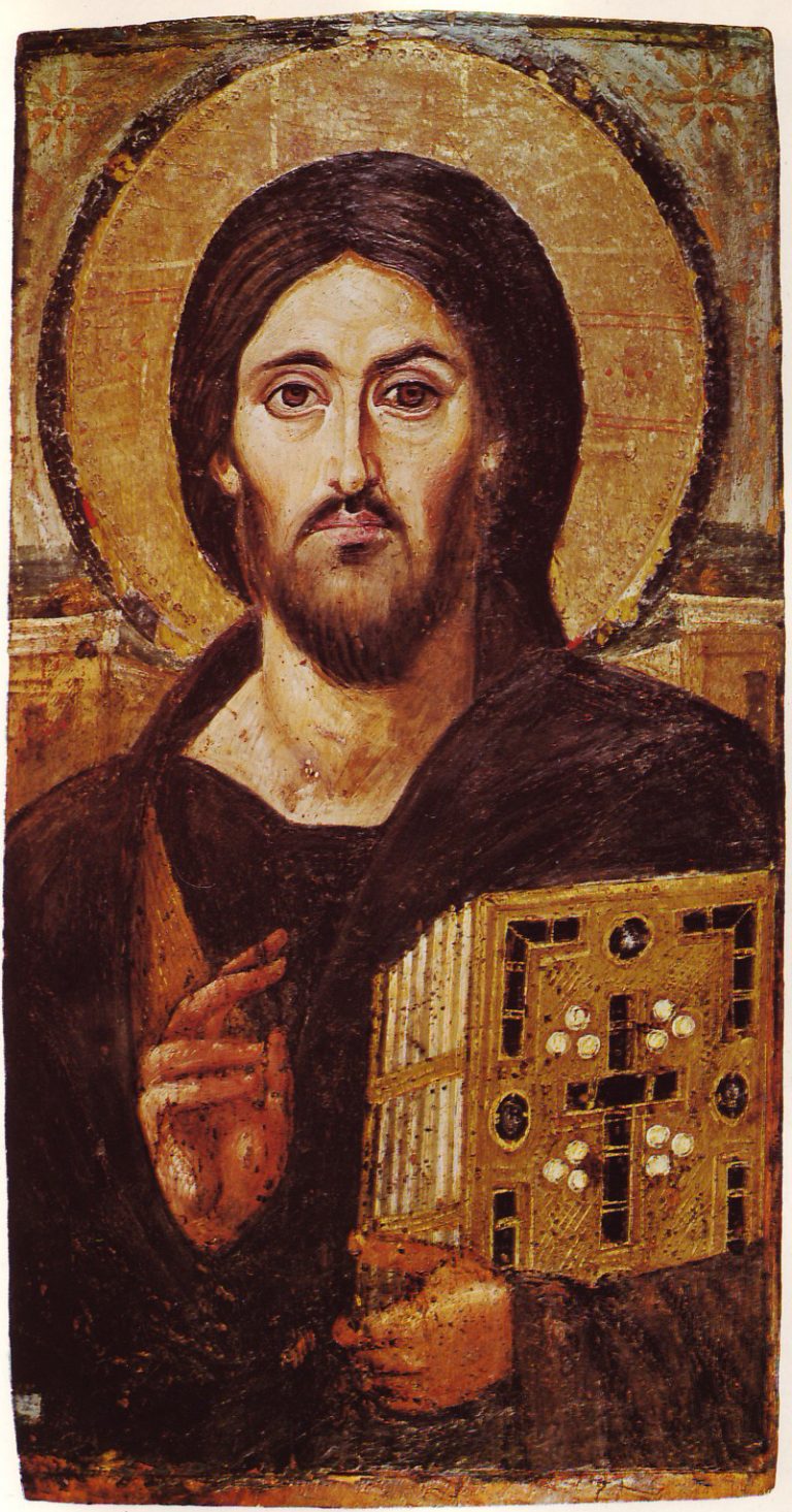 Figure 10:1. Anonymous artist, Christ Pantocrator, sixth century, 84 x 45.5 cm, encaustic (pigments bound in hot wax) on wooden panel, St. Catherine’s Monastery at Sinai, Egypt.