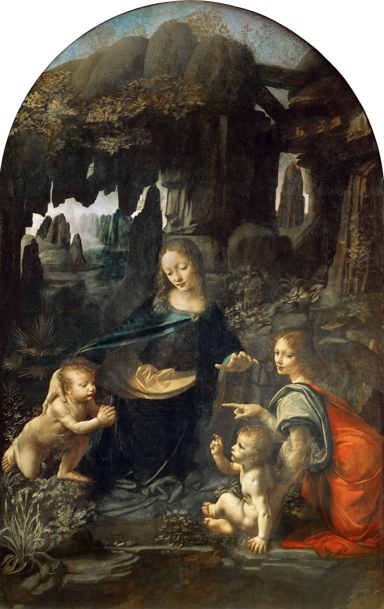 Figure 10:11. Leonardo da Vinci, The Virgin of the Rocks, c. 1483–1486, oil on panel, 199 x 122 cm, Musée Louvre, Paris.