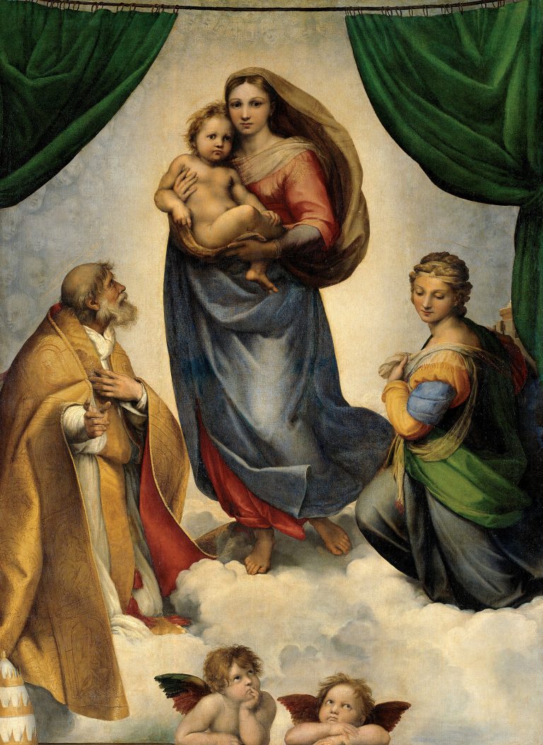 Figure 10:12. Raphael, The Sistine Madonna, 1512–1513, oil on canvas, 269.5 x 201 cm, Gemäldegalerie Alte Meister, Dresden, Germany.