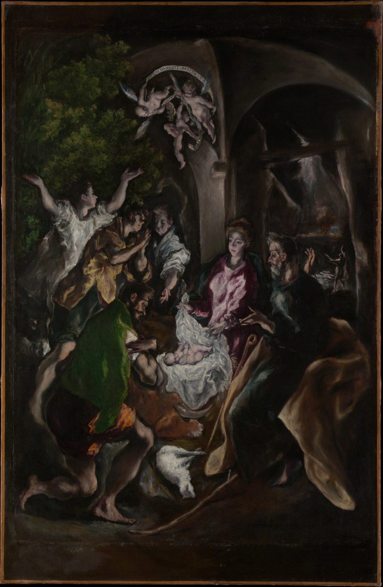 Figure 10:15. Doménikos Theotokópoulos (El Greco), The Adoration of the Shepherds, 1605–1610, oil on canvas, 144.5 x 101.3 cm, The Metropolitan Museum of Art, New York City.