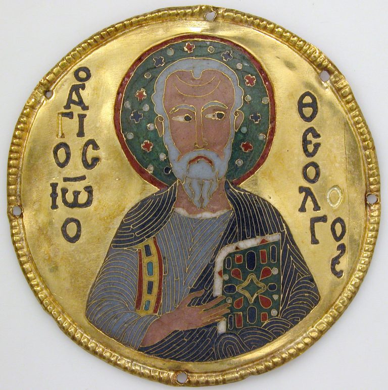 Figure 10:2. Anonymous artist, Medallion with Saint John the Evangelist from an Icon Frame, twelfth century Byzantine, gold, silver, and enamel worked in cloisonne, 8.3 cm in diameter, The Metropolitan Museum of Art, New York City.