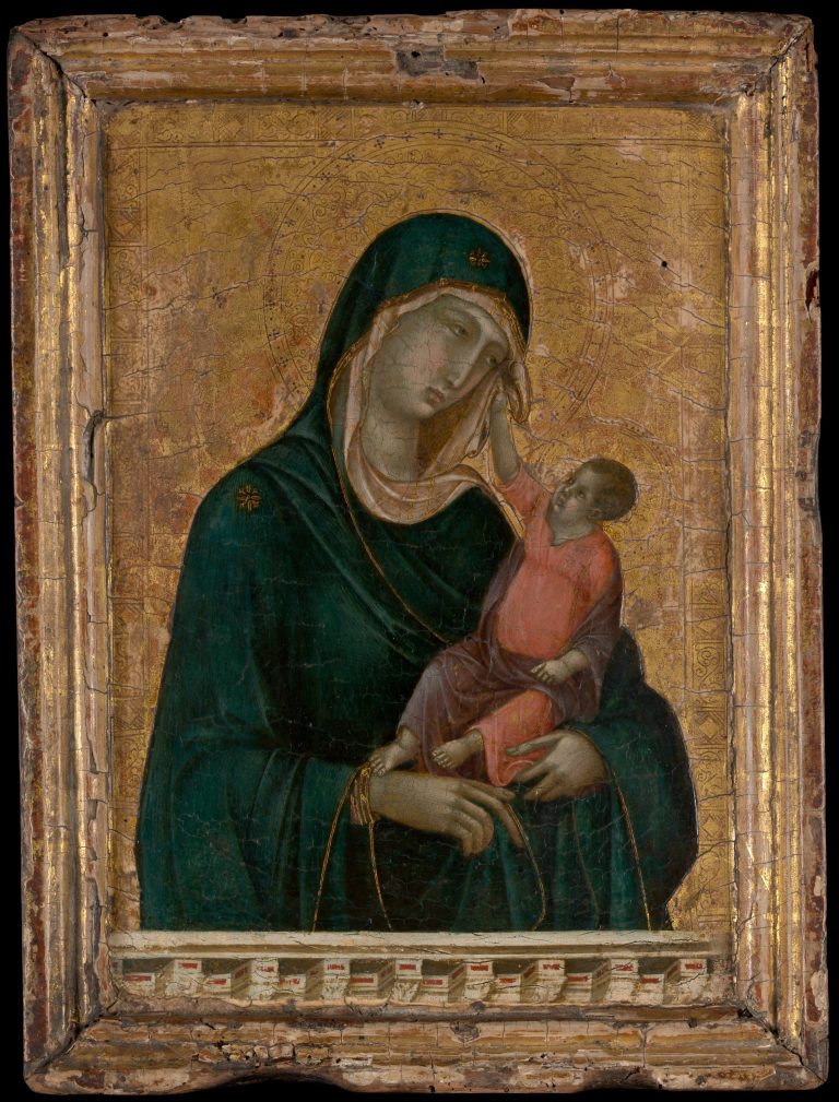 Figure 10:4. Duccio di Buoninsegna, Madonna and Child, 1290–1300, tempera and gold on wood, 27.9 x 21 cm, The Metropolitan Museum of Art, New York City.