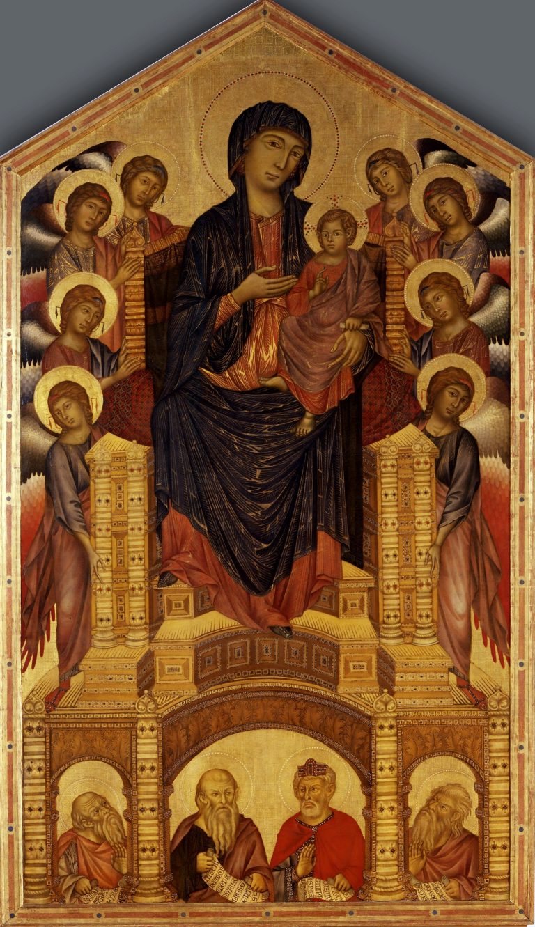 Figure 10:5. Cimabue, Madonna and Child Enthroned (Maestà – Majesty), 1280–c. 1285, tempera on wooden panel, 223 x 385 cm, Uffizi Gallery, Florence, Italy.