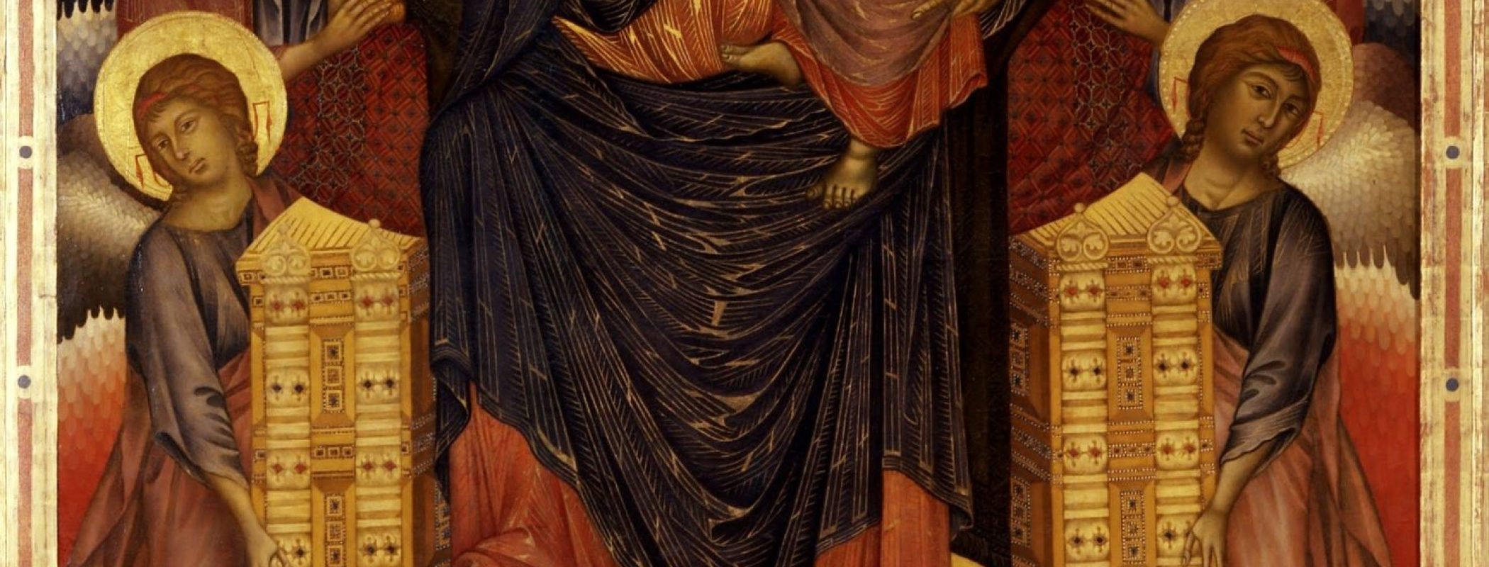 Figure 10:5. Cimabue, Madonna and Child Enthroned (Maestà – Majesty), 1280–c. 1285, tempera on wooden panel, 223 x 385 cm, Uffizi Gallery, Florence, Italy.