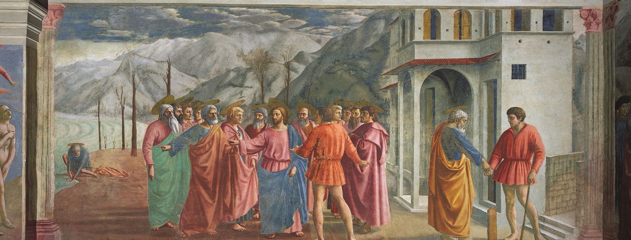 Figure 10:7. Masaccio, The Tribute Money (Coin in the Fish’s Mouth), 1424–1428, fresco, 255 x 598 cm, Brancacci Chapel, Santa Maria del Carmine, Florence.