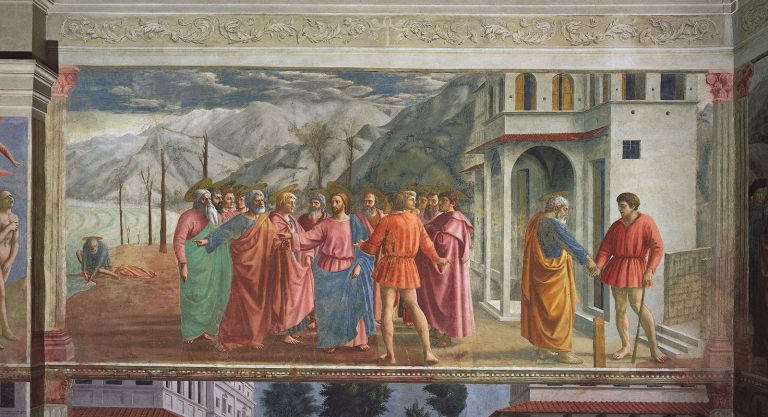 Figure 10:7. Masaccio, The Tribute Money (Coin in the Fish’s Mouth), 1424–1428, fresco, 255 x 598 cm, Brancacci Chapel, Santa Maria del Carmine, Florence.
