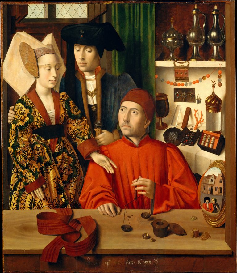 Figure 10:8. Petrus Christus, A Goldsmith in his Shop, 1449, oil on oak panel, 100.1 x 85.8 cm, The Metropolitan Museum of Art, New York City.