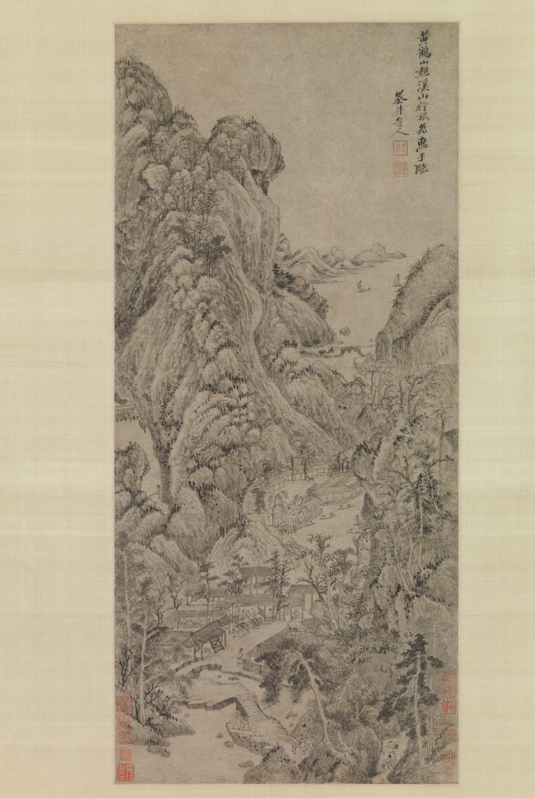 Figure 11:5. Wu Li, Travelers among Streams and Mountains, c. 1670s, hanging scroll, ink on paper, 59.1 x 27 cm, The Metropolitan Museum of Art, New York City.
