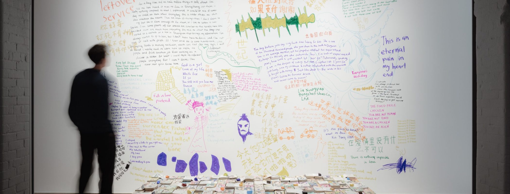 Figure 11:8. Liu Chuang, Love Story, 2014, found books, coloured stones, and inscriptions on wall, dimensions variable, image courtesy of Liu Chuang and White Rabbit Collection, Sydney.  Photography: Hamish MacIntosh.