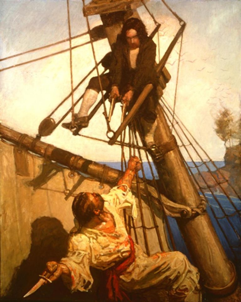 Figure 12:2. N. C. Wyeth, “One more step, Mr. Hands,” said I, “and I’ll blow your brains out.” 1911, oil on canvas, 119.4 x 97.5 cm, (illustration for Treasure Island by Robert Louis Stevenson), New Britain Museum of American Art, New Britain, Connecticut, U.S.A.