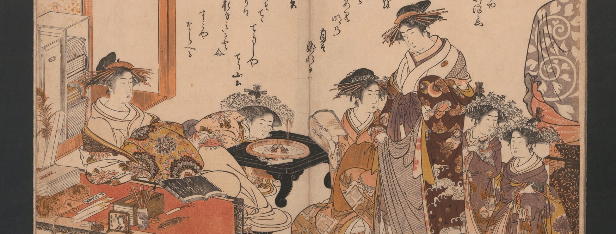 Figure 8:6. Kitao Masanobu (aka Santō Kyōden), A New Record Comparing the Handwriting of the Courtesans of the Yoshiwara (Yoshiwara keisei shin bijin jihitsu kagami), 1784, early spring, woodblock printed book illustration, 38 × 26 cm, The Metropolitan Museum of Art, New York City.