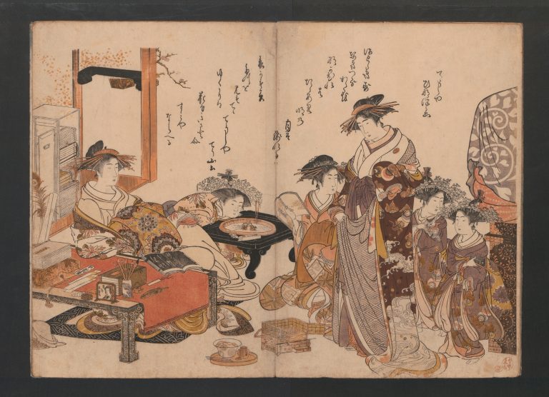 Figure 8:6. Kitao Masanobu (aka Santō Kyōden), A New Record Comparing the Handwriting of the Courtesans of the Yoshiwara (Yoshiwara keisei shin bijin jihitsu kagami), 1784, early spring, woodblock printed book illustration, 38 × 26 cm, The Metropolitan Museum of Art, New York City.