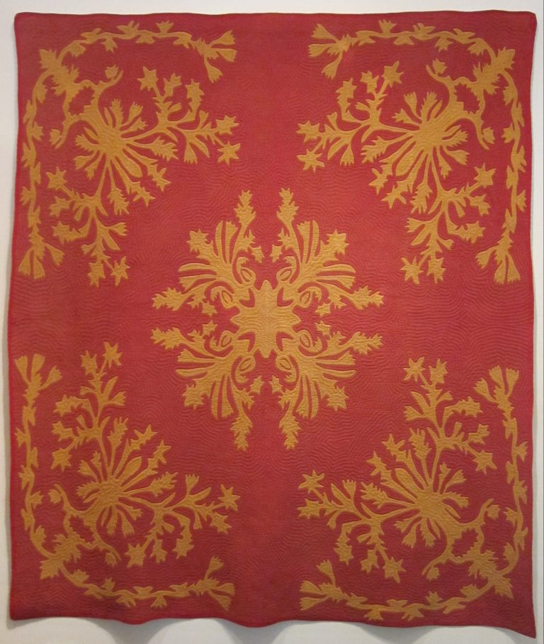 Figure 9:10. anonymous artist/s (attr. Matilda Leborio), Hawaiian tīvaevae manu quilt, “Ka Ua Kani Lehua” (The Rain that Rustles Lehua Blossoms), 1925–1950, cotton, plain weave, appliquéd and quilted, Honolulu Museum of Art. 