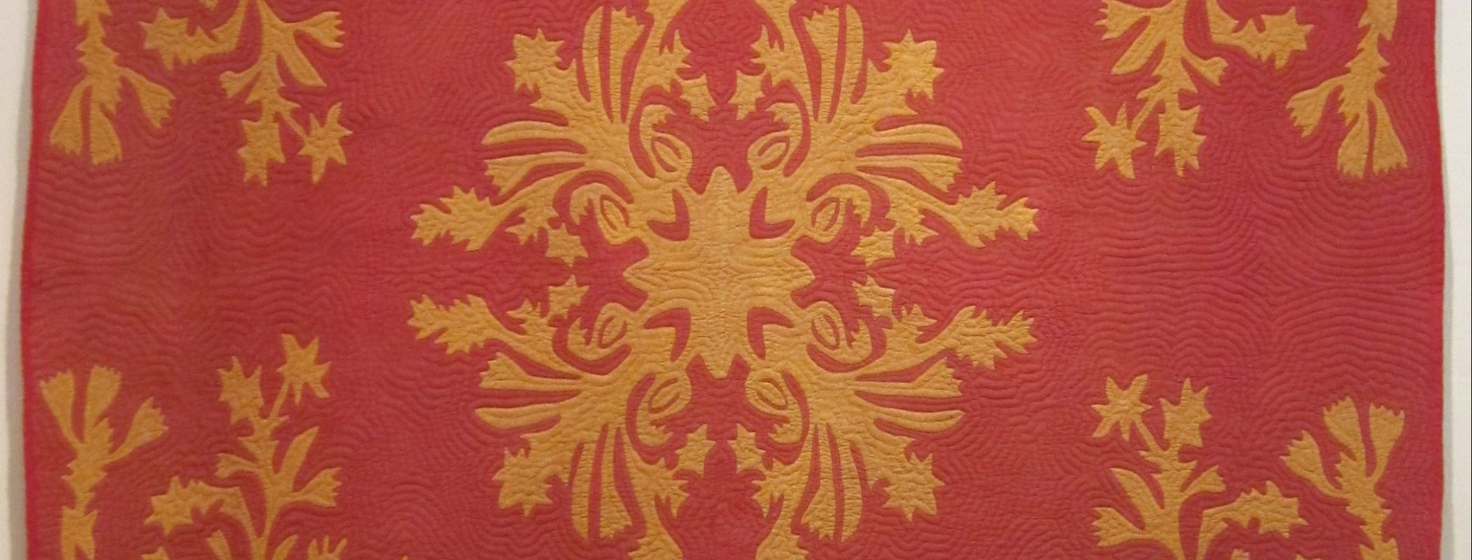 Figure 9:10. anonymous artist/s (attr. Matilda Leborio), Hawaiian tīvaevae manu quilt, “Ka Ua Kani Lehua” (The Rain that Rustles Lehua Blossoms), 1925–1950, cotton, plain weave, appliquéd and quilted, Honolulu Museum of Art. 