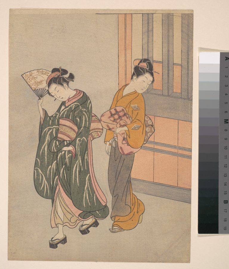 Figure 9:14. Suzuki Harunobu, Clear-day Mountain Wind of the Fan, from the series Zashiki hakkei, Eight Views of the Parlour, c. 1766,woodblock print on paper, 27.7 x 20.7 cm, The Metropolitan Museum of Art, New York City.