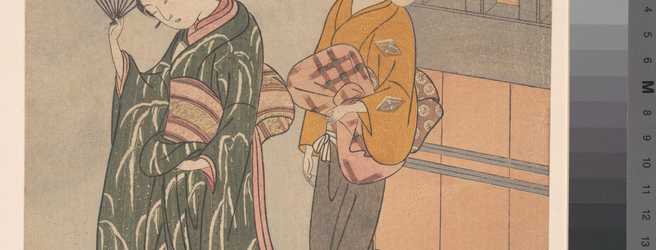 Figure 9:14. Suzuki Harunobu, Clear-day Mountain Wind of the Fan, from the series Zashiki hakkei, Eight Views of the Parlour, c. 1766,woodblock print on paper, 27.7 x 20.7 cm, The Metropolitan Museum of Art, New York City.
