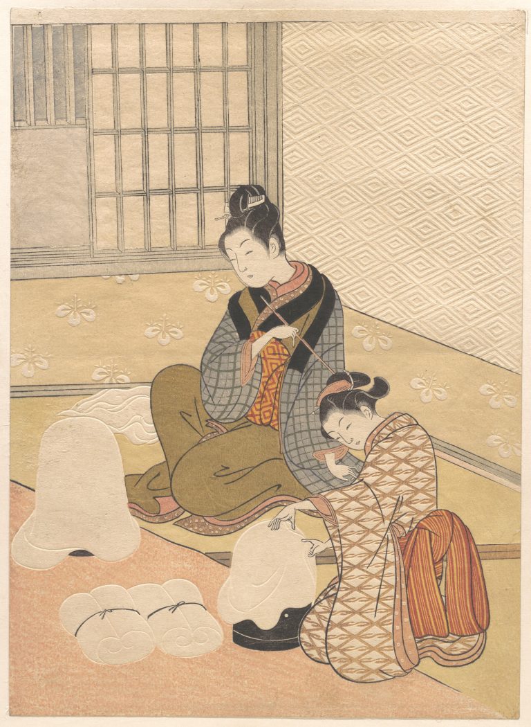 Figure 9:15. Suzuki Harunobu, Nurioke no bosetsu, Evening Snow on the Nurioke, from the series Zashiki hakkei, Eight Views of the Parlour, c. 1766, woodblock print, 27 x 20.5 cm, The Metropolitan Museum of Art, New York City.