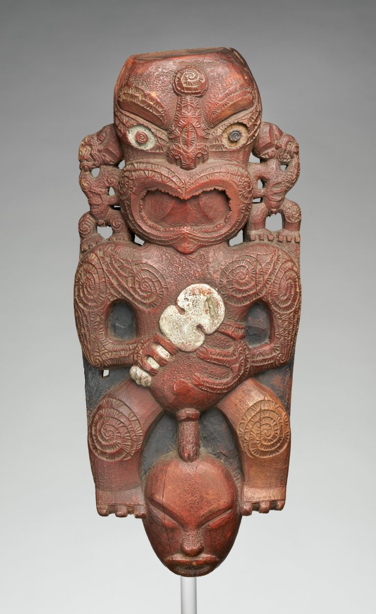 Figure 9:4. Māori people, Te Arawa New Zealand, tekoteko gable figure, 1820s, carved and painted wood, 66 × 28.6 × 8.3 cm., The Metropolitan Museum of Art, New York City.