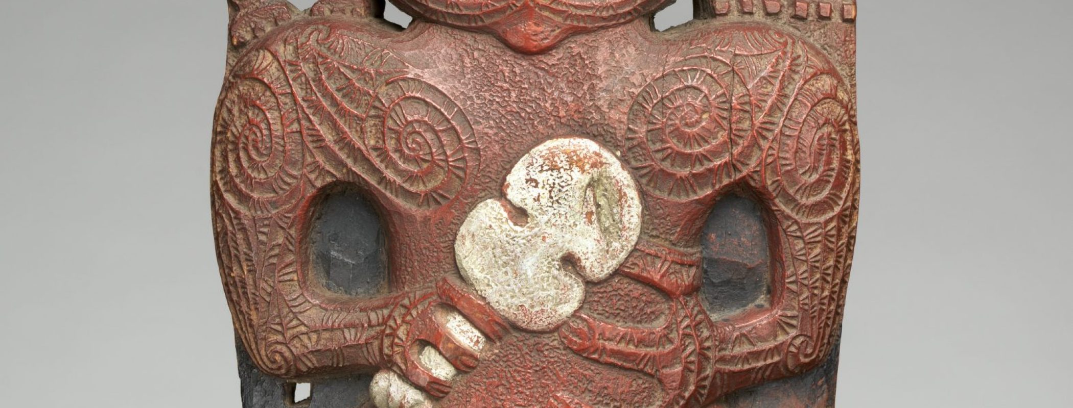 Figure 9:4. Māori people, Te Arawa New Zealand, tekoteko gable figure, 1820s, carved and painted wood, 66 × 28.6 × 8.3 cm., The Metropolitan Museum of Art, New York City.