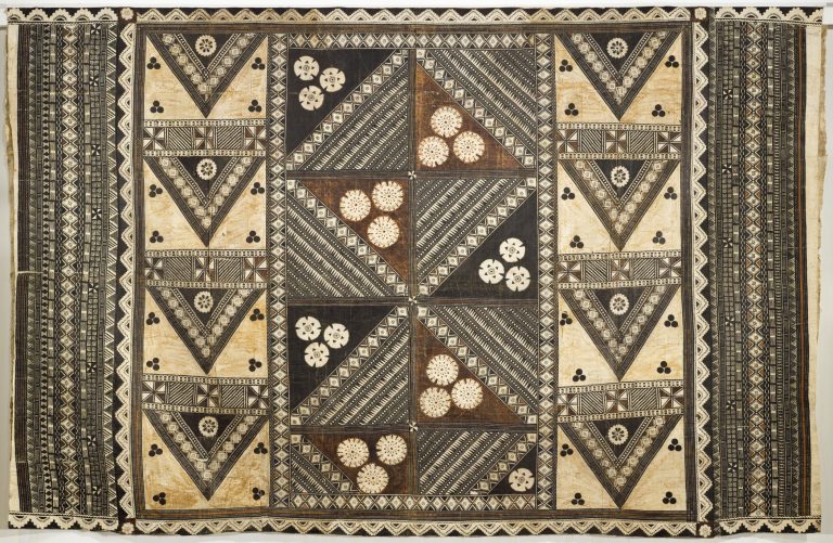 Figure 9:6. maker/s unknown, Fiji, Wedding masi (Gatu Vakaviti), nineteenth century, tapa bark cloth, 462.3 x 369.6 cm, gift of Patricia Manney and Eric Gruendemann, Los Angeles County Museum of Art.