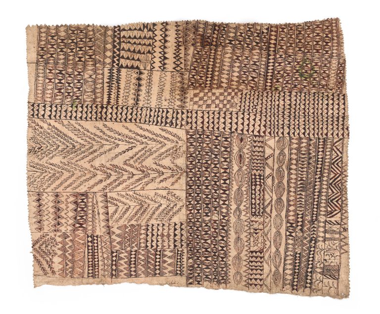 Figure 9:8. maker unknown, Niue, hiapo, hand-painted tapa cloth, 1800s, 160 x 186 cm, Augustus Hamilton Collection, purchased 1914, Museum of New Zealand Te Papa Tongarewa FE000278.